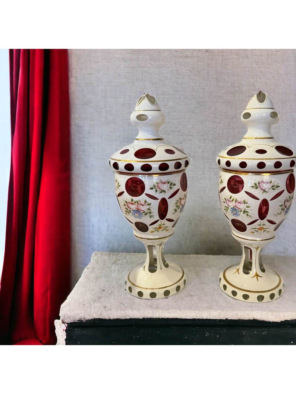 Moser Red White Cut Clear Bohemian Glass Covered Urns with Clear Crystal Handles